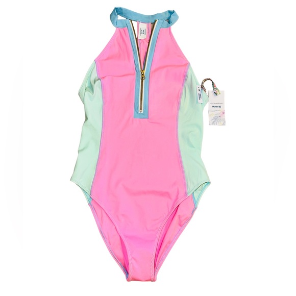 LoveShackFancy x Hurley Max Colorblock Halter Zip High Cut One Piece Swimsuit - Picture 12 of 16